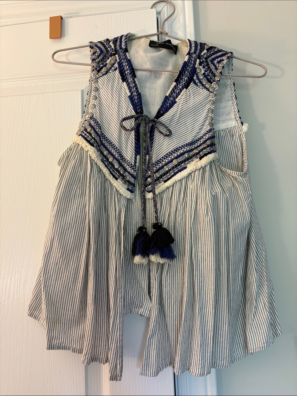 Zara Embroidered Blue & White Striped vest with Tassel Ties